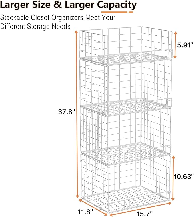 Yociyoga 4 Tier Stackable Closet Organizers and Storage Shelves, Foldable Closet Shelf Organizer System, Stackable Storage Bins Drawers for Clothes Organizer System, White(Patent Pending)