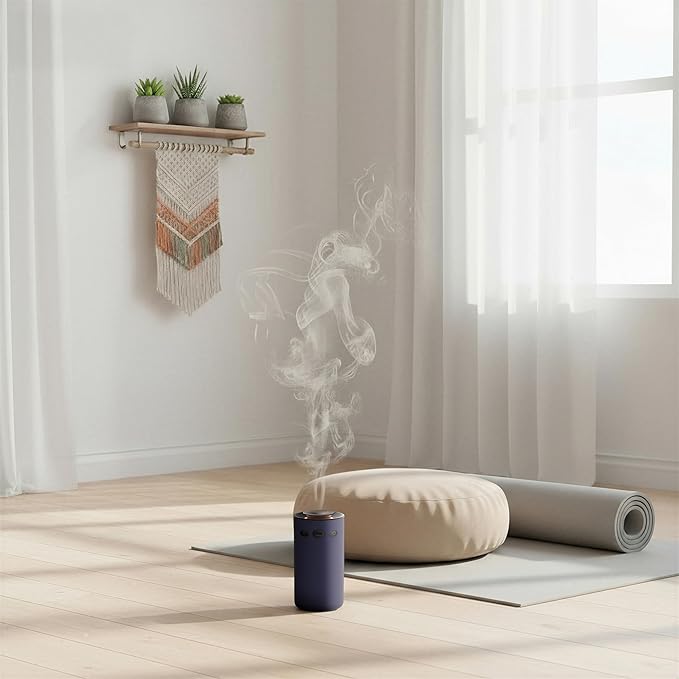Aromabot Waterless Essential Oil Diffuser, Smart Portable Nebulizing Waterless Diffuser for Car, Home, or Office – Dual Mist Modes, Comfort Fabric Wrapping Process, Rechargeable Battery, LED Light