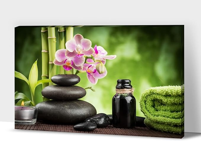 GUTTATY Zen Wall Art Decor, Modern Bathroom Zen Decor Wall Art, Canvas Wall Art for SPA Zen Room Decor, Green Bamboo and Pebble Relaxing Art Prints for Office & SPA Wall Decor 18x24 Inches