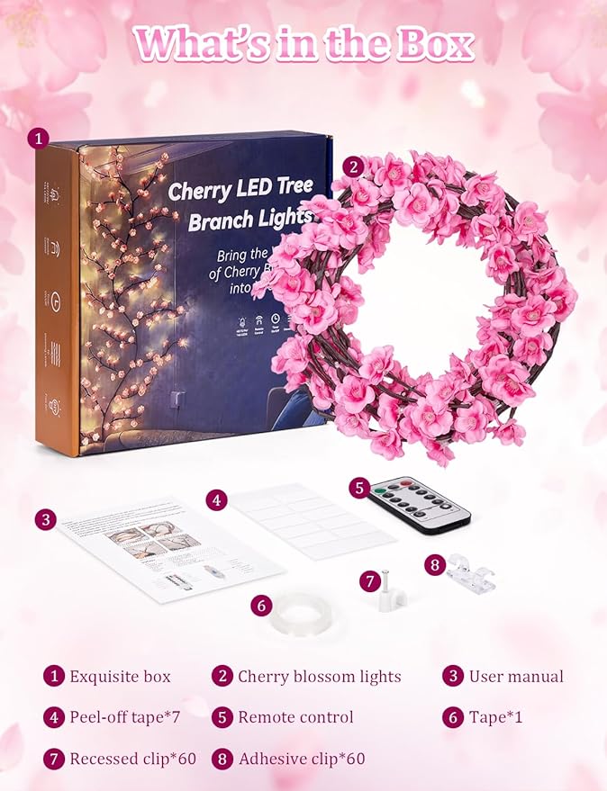 7.55 FT 144 LED Cherry Blossom Tree Branch Lights for Wall,8 Modes Pink Cherry Blossom Lights with Remote Timer,Willow Vine Lights for Bedroom decor,Light Up Cherry Blossom Decor,Holiday Birthday Gift