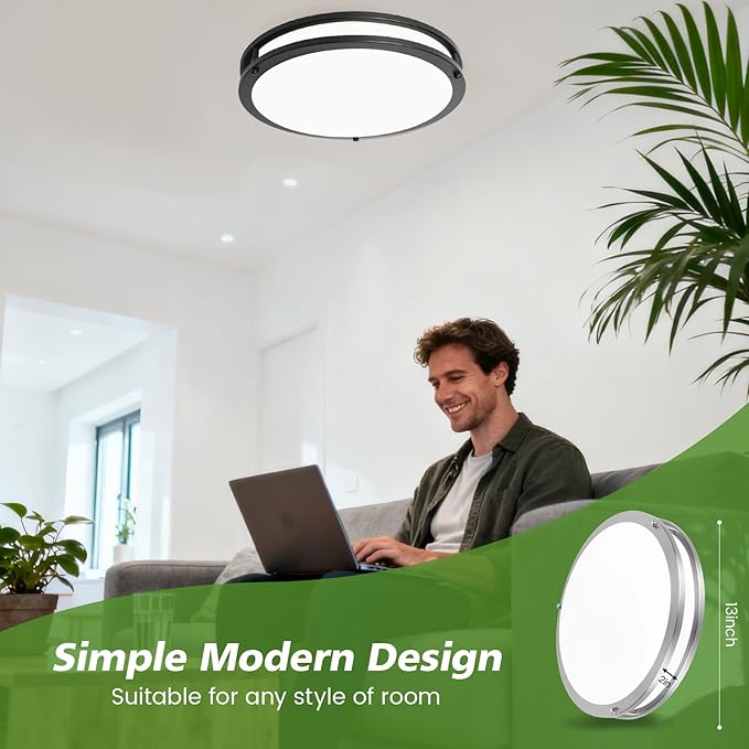 13Inch Flush Mount LED Ceiling Light Fixture with Remote: 36W 3600lm Dimmable Modern LED Ceiling Lights, 2700K/3000K/4000K/5000K/6500K Adjustable Black Kitchen Lighting for Bathroom Hallway, 1-Pack