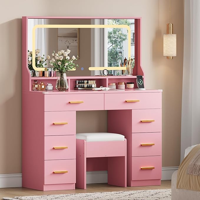 IDEALHOUSE Vanity Desk with Mirror and Lights, Makeup Table with Glass Top & 8 Drawers, 3-Color LED Mirror, Power Outlets & USB, Hair Dryer Holder, Stool Included, Dressing Table Set for Bedroom