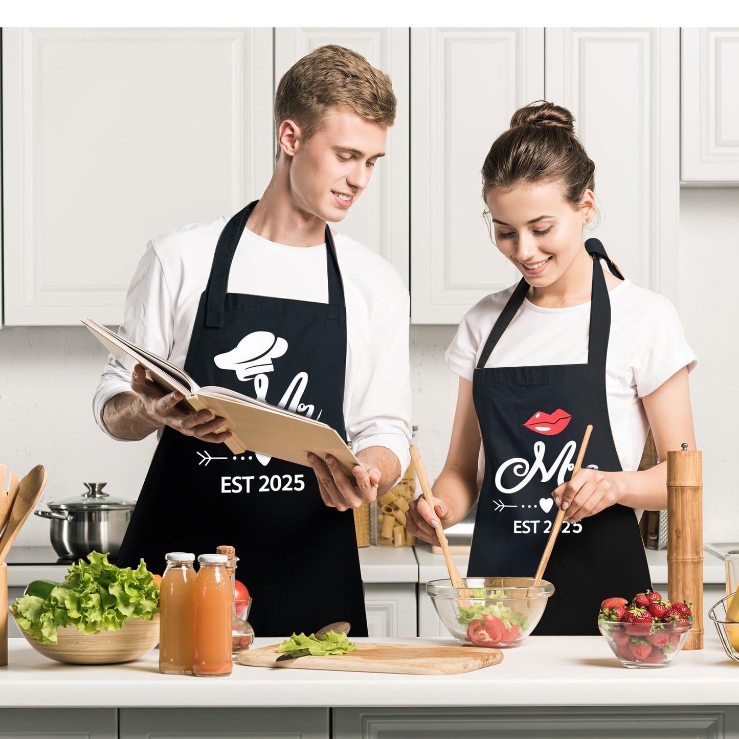 DDOFAH Mr and Mrs Est 2025 Mug and Apron Set, Bridal Shower Gifts, Wedding Engagement Gifts for Couples, for Couple, His and Her Gifts, Funny Kitchen Gifts for Couples