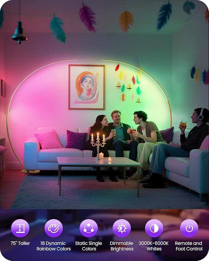RGBW Floor Lamp, 75 inch Standing Tall Lamp, Dimmable Arc Floor Lamp for Living Room with Foot and Remote Control, 18 DIY Colors, 3000K-6000K White, Color Changing Ambient Light, Gold RD62LD05