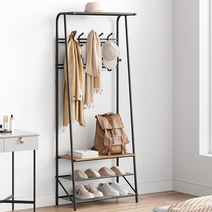 Coat Rack Hall Tree with Shoe Storage Bench, 4-in-1 Entryway Organizer, 10 Hooks & 3-Tier Shoe Rack, Freestanding Metal Frame for Hallway, Front Door