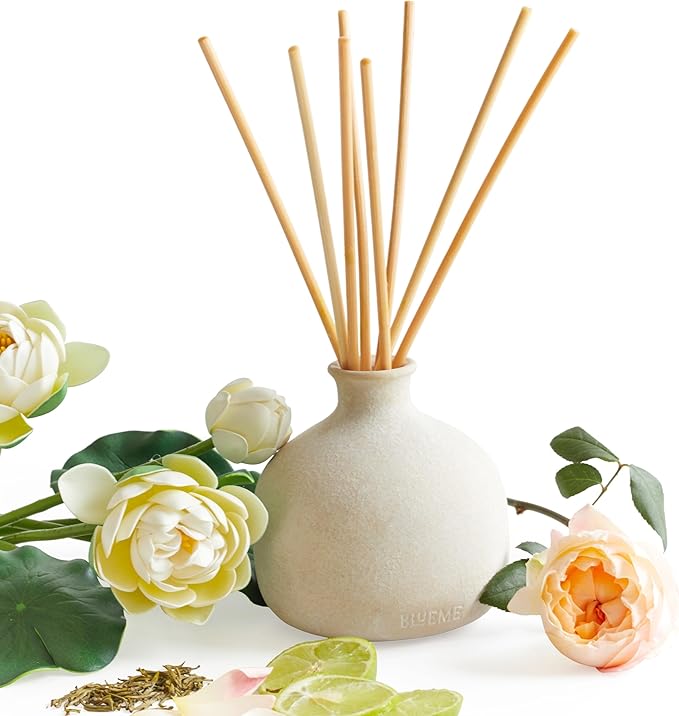 Blueme Balance Diffuser | White Lotus & Tea | 16.91 Fl Oz - Refillable Wellness Diffuser, Contains Essential Oil, Sustainable, Hand Finished, Premium, Luxury Ceramic, Natural Rattan Reeds | Large