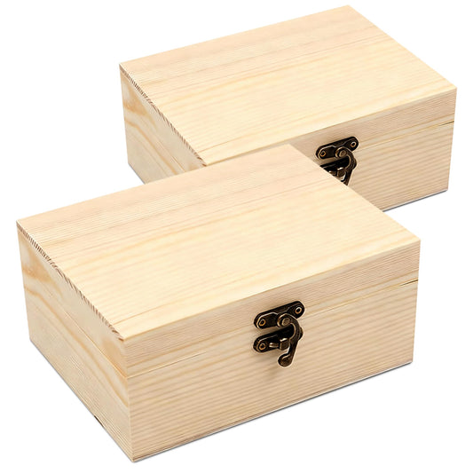 VIKOS Products Unfinished Unpainted Wooden Box with Hinged Lid for Crafts DIY Storage Jewelry Plain Pine Box - Small 6.7"x5.1""x3.1"" - 2-Pack"