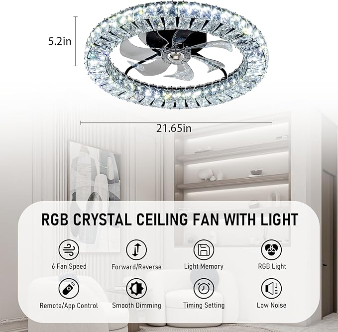 RGB Ceiling Fans with Lights, 22" Low Profile Ceiling Fan with Light,Smart Bladeless LED Fan Light with Remote/APP Control,Black Ceiling Fan for Bedroom