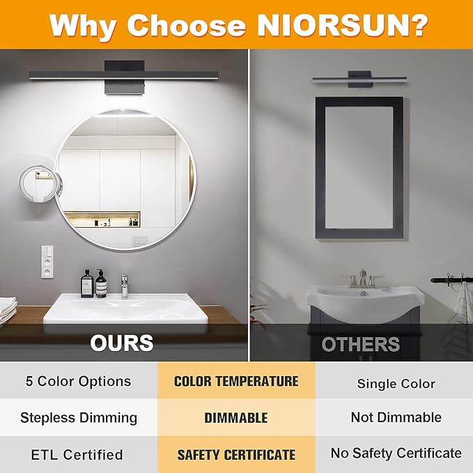 NIORSUN 39.4 inch Black Bathroom Vanity Light, 24W 5CCT Dimmable LED Bathroom Lighting Fixtures Over Mirror, Modern Vanity Lights for Bathrooms Restroom Mirror- ETL Certified