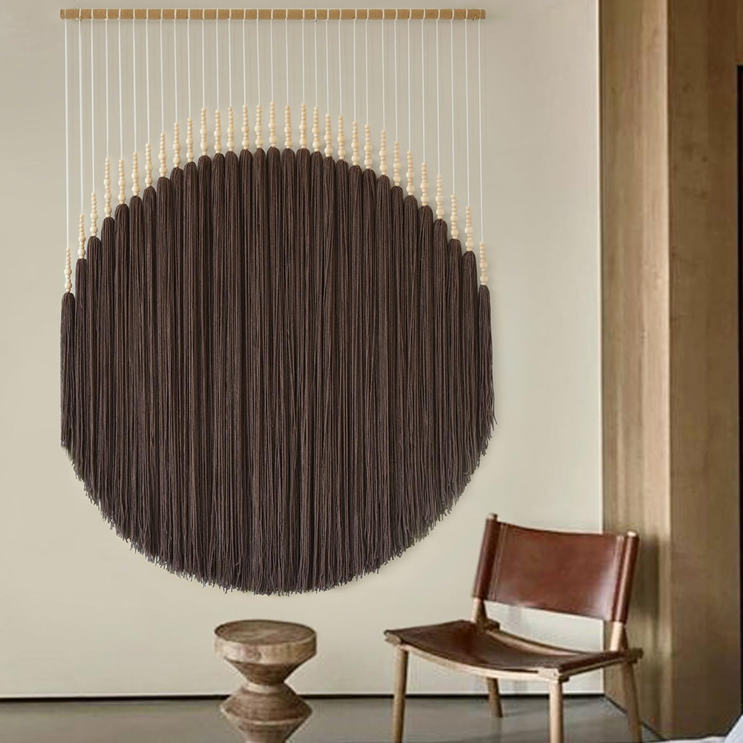IOWER Macrame Wall Hanging Brown Yarn Beaded Backdrop Boho Wall Decor Round Tassel Home Wall Aesthetic Living Rooms Bedrooms Offices Geometric Art Chic Home Decor 39" W x 55"" L"