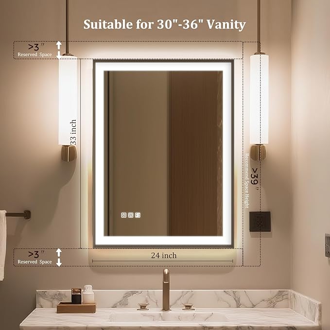 24"X32" LED Bathroom Mirror with Lights, Mirror for Bathroom Wall with Frontlit and Backlit, IP54 Enhanced Anti-Fog, Bathroom Vanity Mirror 3 Colors Dimmable CRI>90 Double Lights, HD Tempered Glass