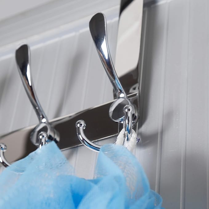 SKOLOO Over The Door Hook - for Doors up to 1-3/4'' Thickness, Metal Door Hanger with 5 Triple Hooks, Over The Door Hanger for Coats, Hats,Towels, Silver, Assembly Required