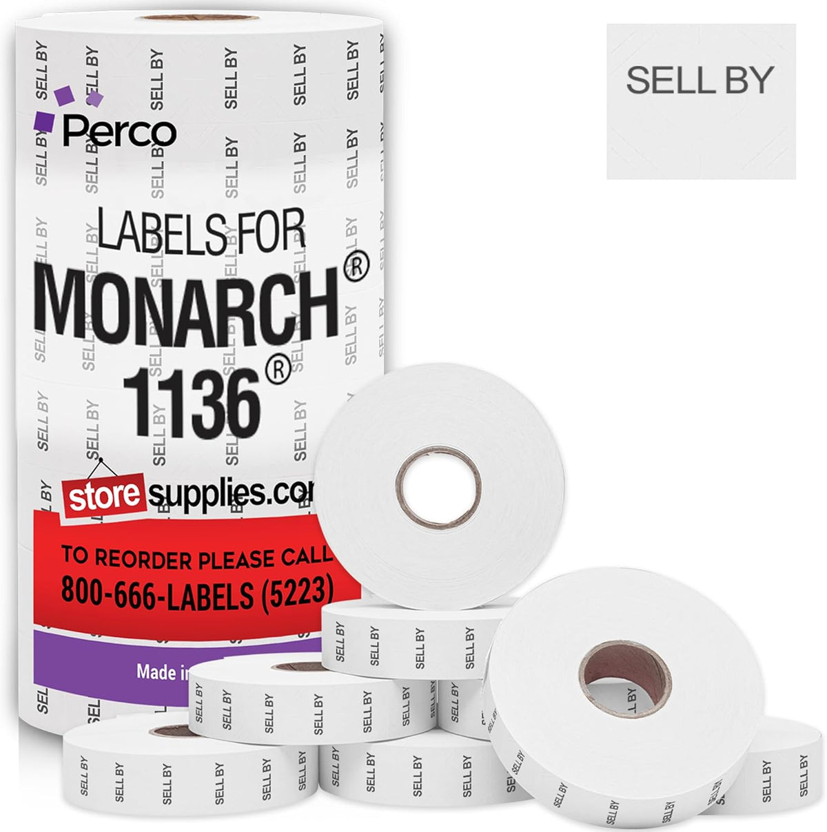 Perco Sell by Labels for Monarch 1136 Price Gun - 8 Rolls, 14,000 Marking Labels