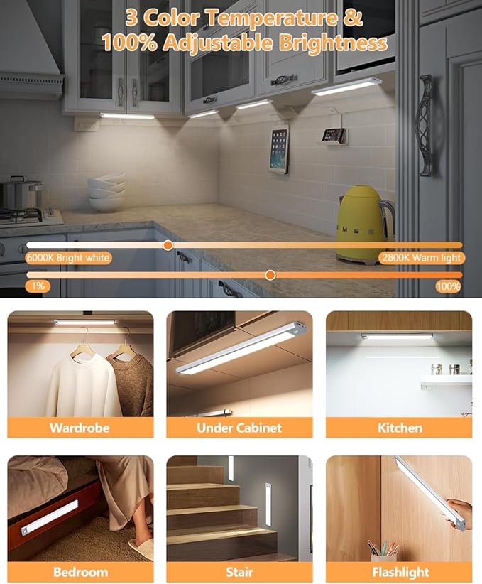 Under Cabinet Lights, Dimmable 60 LED Motion Sensor Light Indoor 2 Pack- Wireless USB Rechargeable, 3 Color Magnetic Closet Light for Kitchen, Wardrobe Storage