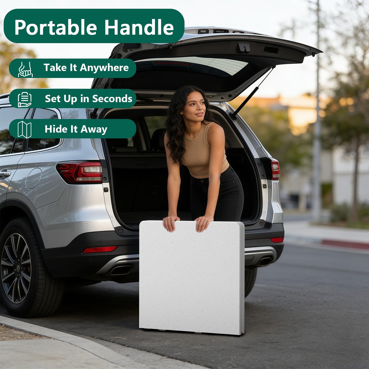MAKE CHANGES Folding Table 4ft - Heavy Duty Fold-in-Half Plastic Table with Adjustable Height, Portable Utility Tables with Steel Legs for Indoor, Outdoor, Picnic, Camping, Dining, Party (White)