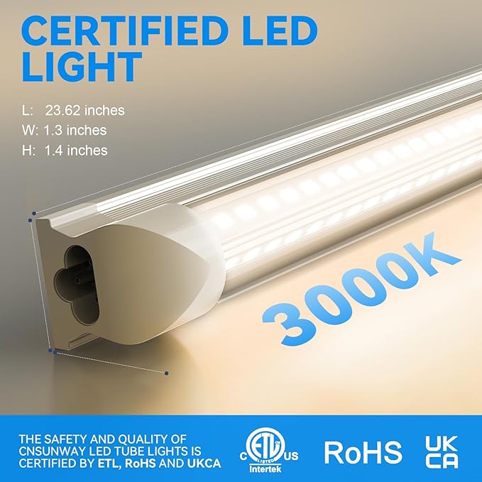 CNSUNWAY LED Shop Light 2FT, 20W 3000LM, 3000K Warm White, T8 LED Tube Lights, Ceiling and Utility Shop Lights, Linkable Light Fixture for Room, Garage, Workbench, ETL Listed (Pack of 2)