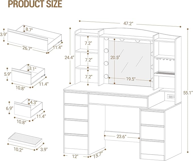 Vanity Desk with Mirror, Makeup Vanity with RGB Led Lights,Dressing Table with Power Strip,8 Drawers & 8 Storage Shelves, 47.2inch Desktop, Modern, White