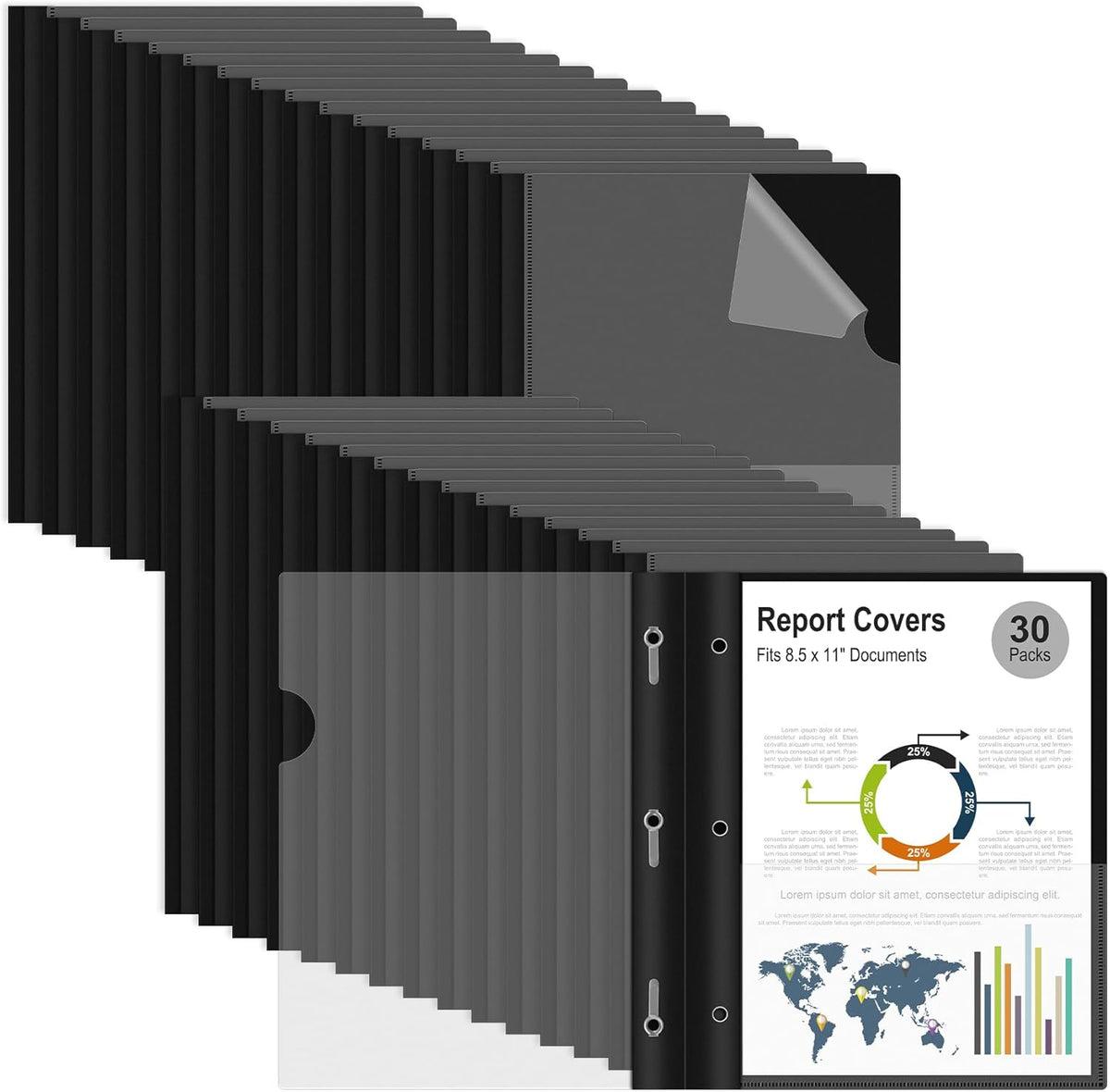 Ndsox 30 Packs Clear Front Report Covers with 3-Prong Fasteners, Plastic Project Presentation Folders Resume Document Covers with Black Back for 8.5" x 11" Letter Size Paper for School Office Business