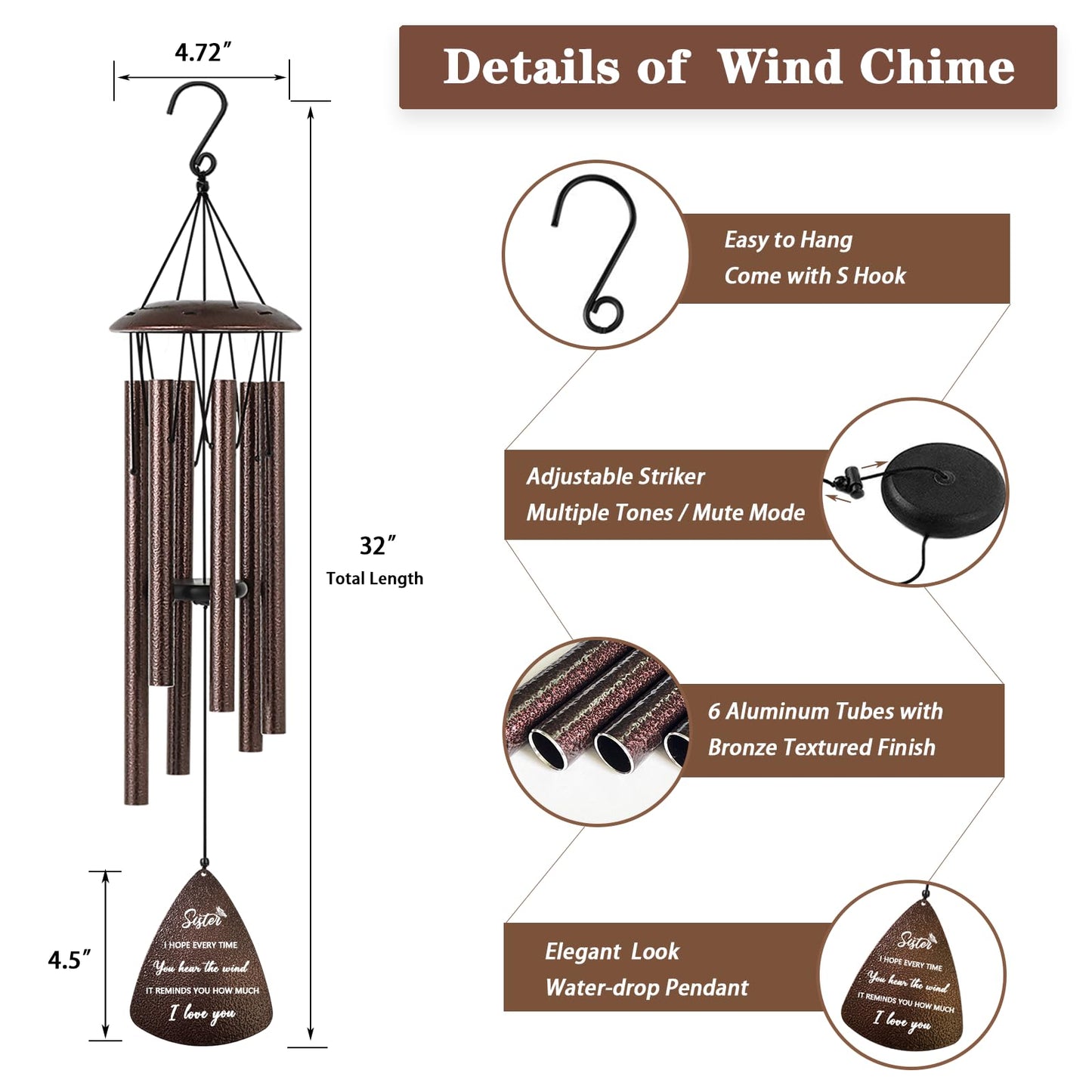 Soopau Sister Gifts, 32" Bronze Wind Chimes Sister Gifts for Women, Gifts for Sister, Sisters Gifts from Sister, Gifts for Sister in Law, Best Sister Ever Gifts