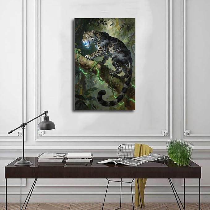 Framed Steampunk Mechanical Leopard Wall Art - Jungle Futuristic Beast Poster for Man Cave Living Room Decor 20x30inch(50x75cm)