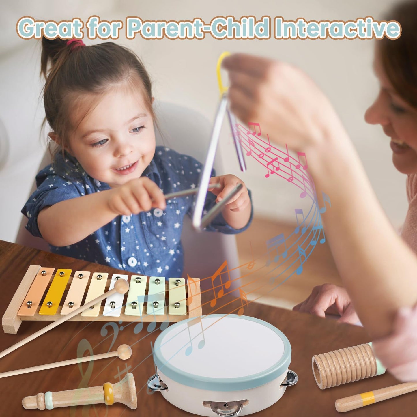 Baby Musical Instruments - Neutral Colors Musical Toys for Toddlers 1-3, Montessori Wooden Percussion Instruments Set with Modern Boho Xylophone Tambourine, Kids Preschool Educational Birthday Gifts