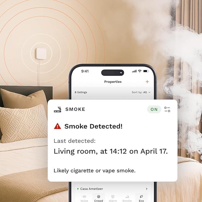 Smart Sensor for Air Quality Monitor, AC Control CO, WiFi Quality, Energy Savings Monitoring | Ideal for Airbnb, Homes & Offices | Tracks Temp, Humidity, Smoke, Noise & More | Version 2.O