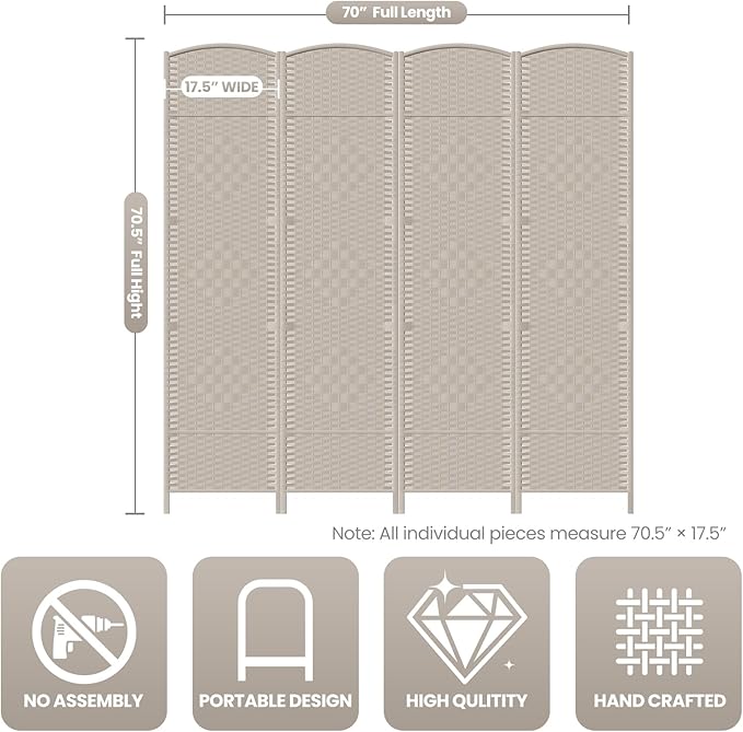 4 Panel Room Divider,6Ft Folding Privacy Screen,Tall - Extra Wide Foldable Panel Partition Wall Divider with Diamond Double-Weaved Hand-Woven Design Room Screen Divider