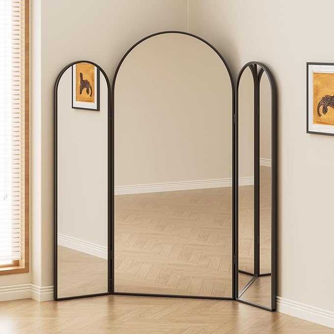 3 Way Arched Full Length Mirror Free Standing, 71"x 67" Large Modern Trifold Mirror, 3-in-1 Detachable Panel Tempered Glass & Metal Frame, for Dressing Room, Bridal Shop, Clothing Store (Black)