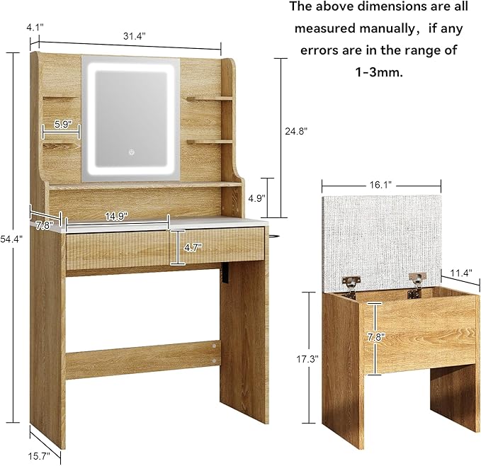 YOURLITE Fluted Makeup Vanity Desk with Mirror and Lights, 31.5" Small Vanity Table Set with LED Mirror & Stool, Dressing Table for Bedroom