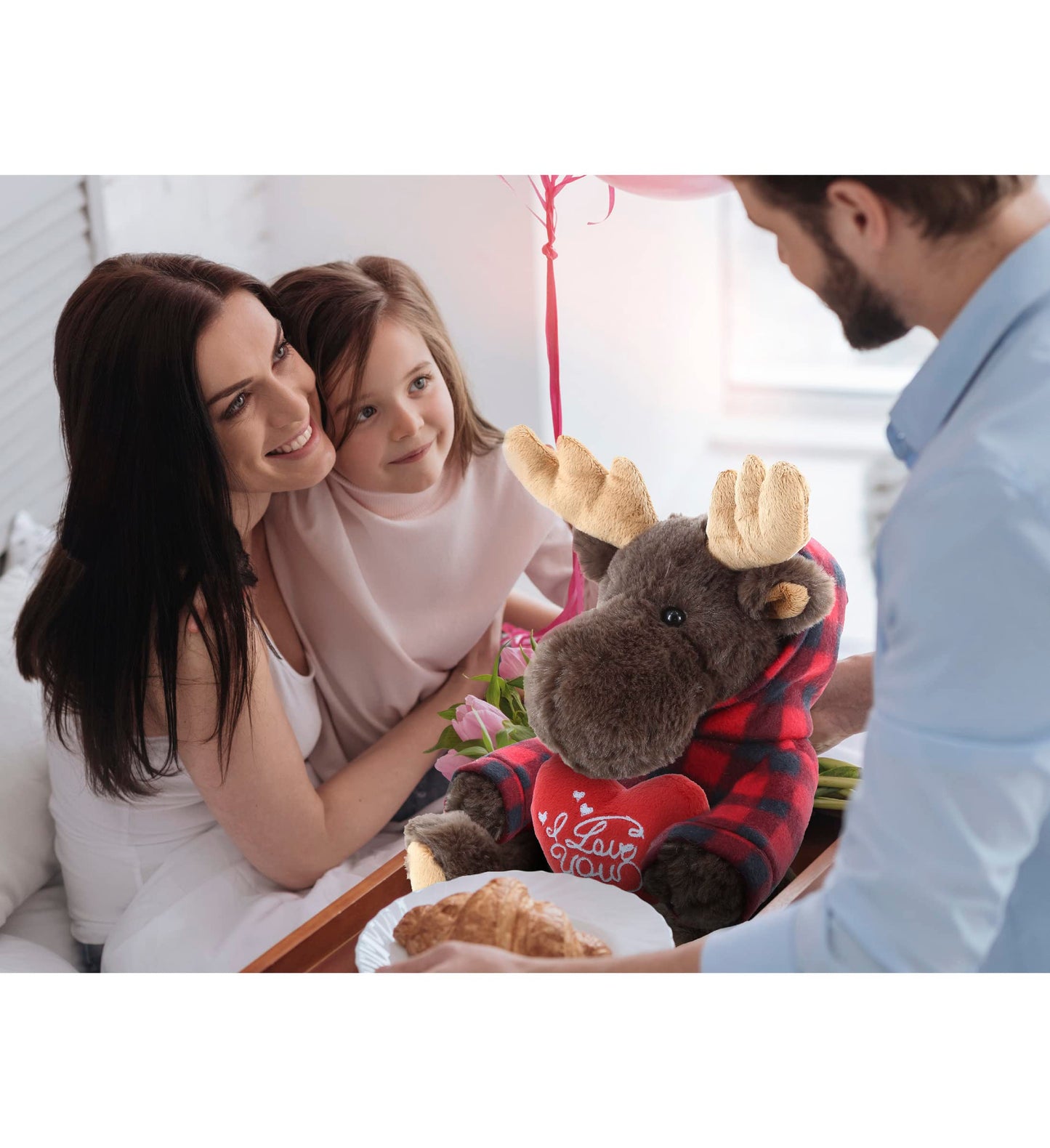DolliBu I Love You Valentine Plush Moose with Red Plaid Hoodie - Cute Stuffed Animal with Red Heart and Name Personalization Gift for Valentines Day, Birthday, Anniversary, Romantic Date - 10 Inches