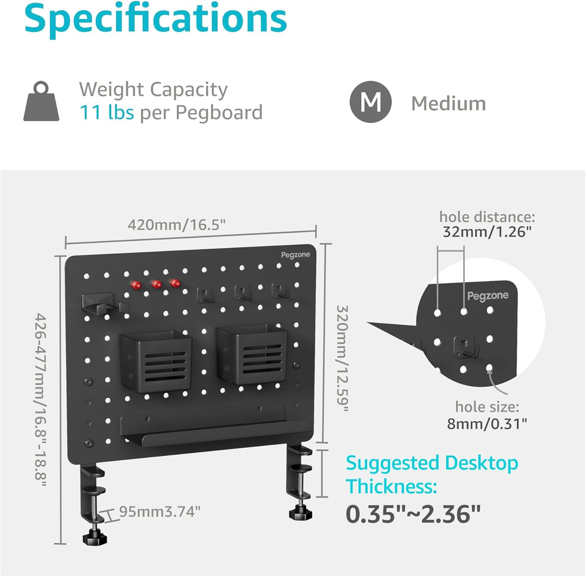 Clamp-on Desk Pegboard, Desk Organizer for Office Gaming Home, Magnetic Metal Peg Board with 10 Accessories, Privacy Panel for Office, 16.5" x 12.6", Medium, Black