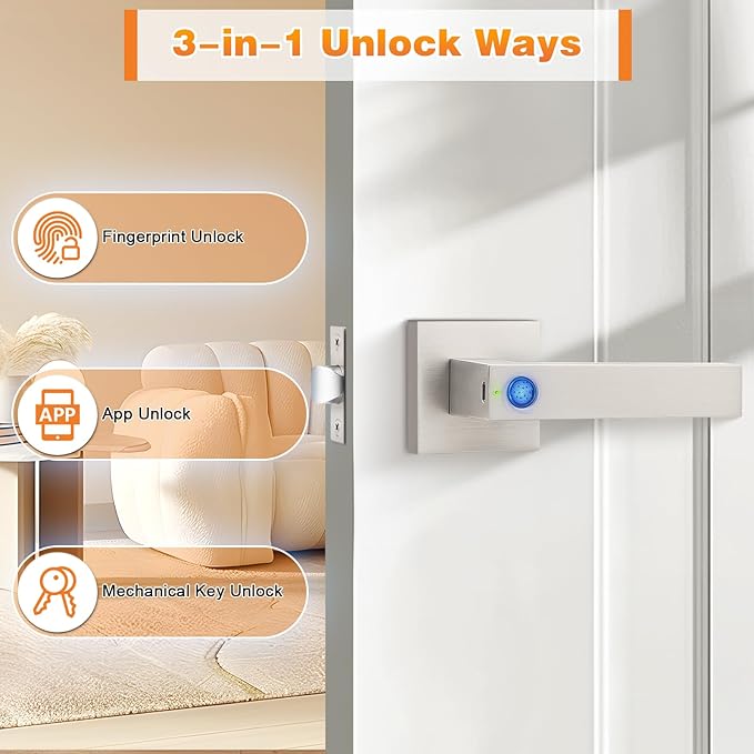 Probrico Smart Lock Keyless Entry Door Lock with Handle, Satin Nickel Smart Locks for Front Door Fingerprint Door Handle for Bedroom Bathroom, Electronic Biometric Digital WiFi APP Control