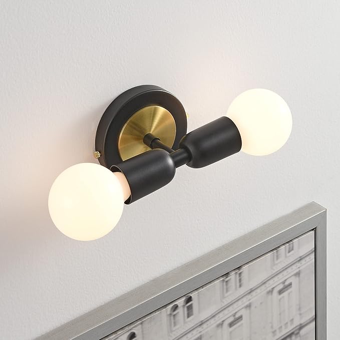 BRIGHTTIA Luna Duo 2 Light Wall Sconce - Mid Century Modern Fixture for Wall & Ceiling - Minimalist Edison Lamp for Hallway and Bathroom Vanity - Black & Gold (BW0026-2BG)
