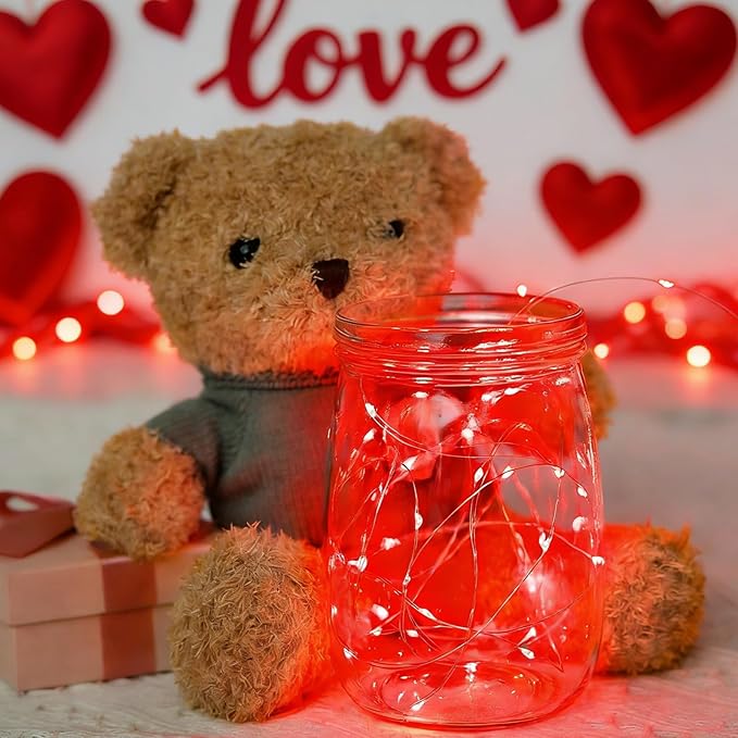 LAMPHOME 6 Pack Red Valentine's Fairy Lights Battery Operated (Included), 7 ft 20 LED Mini String Lights, Waterproof Silver Wire Firefly Starry Light for DIY Wedding Party Mason Jars Decor