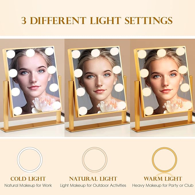 Vanity Mirror with Lights, Hollywood Mirror Lighted Makeup Mirror with 9 LED Bulbs, Touch Control Design 3 Colors Dimmable Bulbs Detachable 10X Magnification 360°Rotation(Gold)
