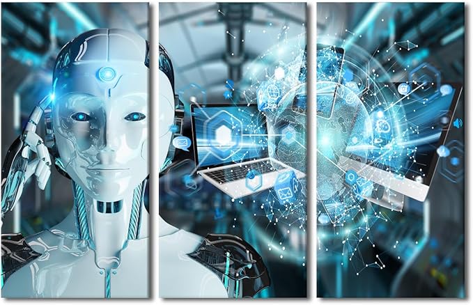 TUMOVO AI Intelligence Wall Decor for Living Room Data Analysis Picture Canvas Prints 3 Pieces Wall Art Robot Artwork for Home Office Room Wall Decorations Canvas Art Prints Ready to Hang, 42" Wx28 H