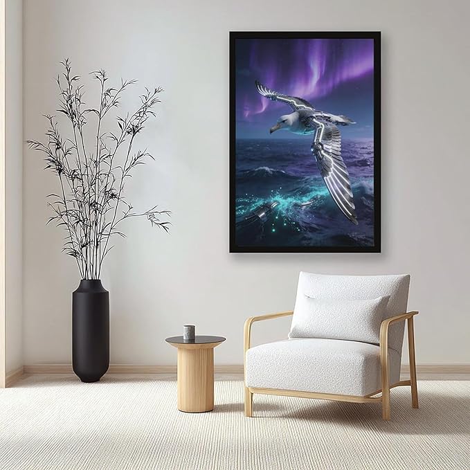 Framed Steampunk Mechanical Seagull Wall Art - Aurora Ocean Retro Poster for Bedroom Game Room Decor 24x36in