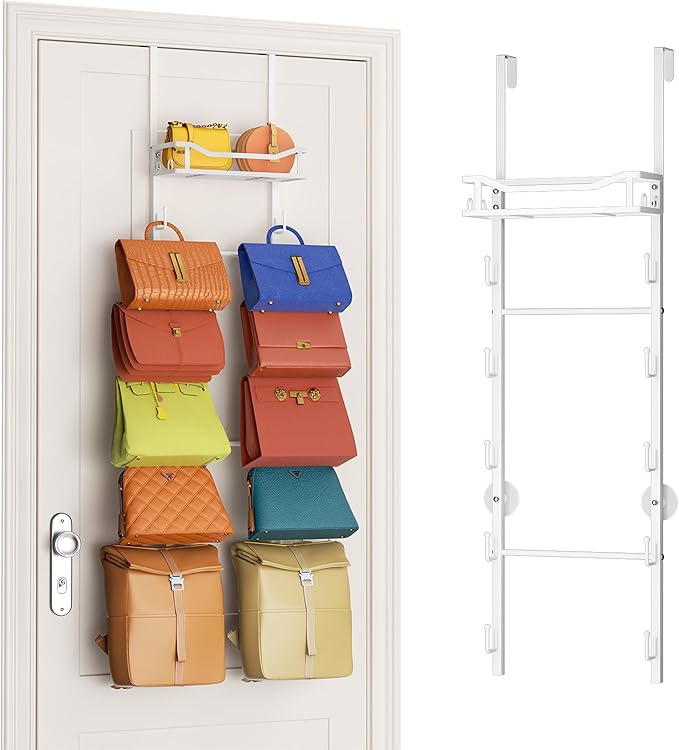 SWTYMIKI Over The Door Purse Organizer - Wall Mounted Purse Rack with 10 Hooks and Metal Basket, Hanging Handbag Storage Organizer Holds up to 10 Bags, Bag Rack Can Use As 1/2 Part, for Door, Closet