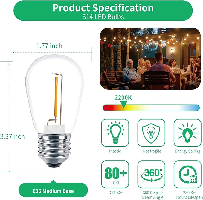 Meconard 48 Pack S14 LED String Light Bulbs, 1 Watt Shatterproof Replacement Bulbs for Patio Outdoor Sting Lights, E26 Medium Screw Base, Warm White 2200K, Non-Dimmable