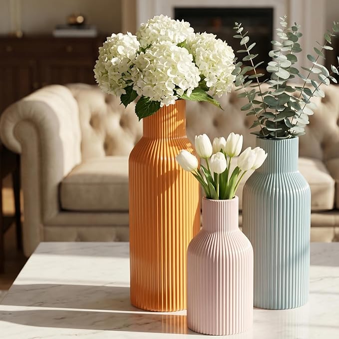 Ceramic Vases Set of 3, Modern Ribbed Vases with Glossy Finish, Decorative Flower Vases in 5.9", 7.8", 9.8" for Home Decor, Living Room, Bedroom, Table Centerpiece (Pink, Blue, Orange)