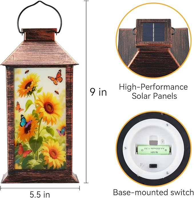 Homemory Hanging Solar Lanterns Outdoor Waterproof, Solar Sunflower Lights with LED Flickering Flameless Candles, Gifts for Women Mom, Outside Lantern Decoration Garden Yard Patio Lawn Porches Park