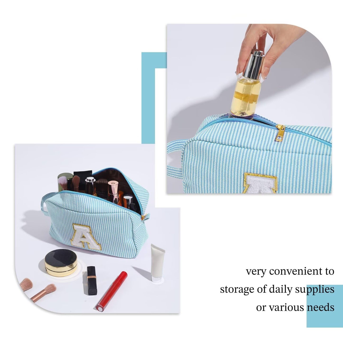 YOOLIFE Initial Makeup Bag - Personalized Cute Blue Makeup Bags, Girls Makeup Toiletry Bag Pouch, Makeup Case for Women Friend Female Sister, Birthday Gifts for Women R
