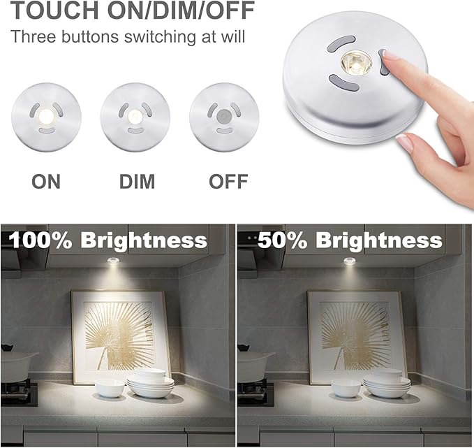 HONWELL Wireless Spotlight Indoor, Magnetic Push Lights, Stick on Puck Light, ALUMINIUM Mini Accent Lights Battery Operated, 100LM, 2 Brightness Level LED Closet Light for Cabinet,Art,Kitchen(3.3Inch)