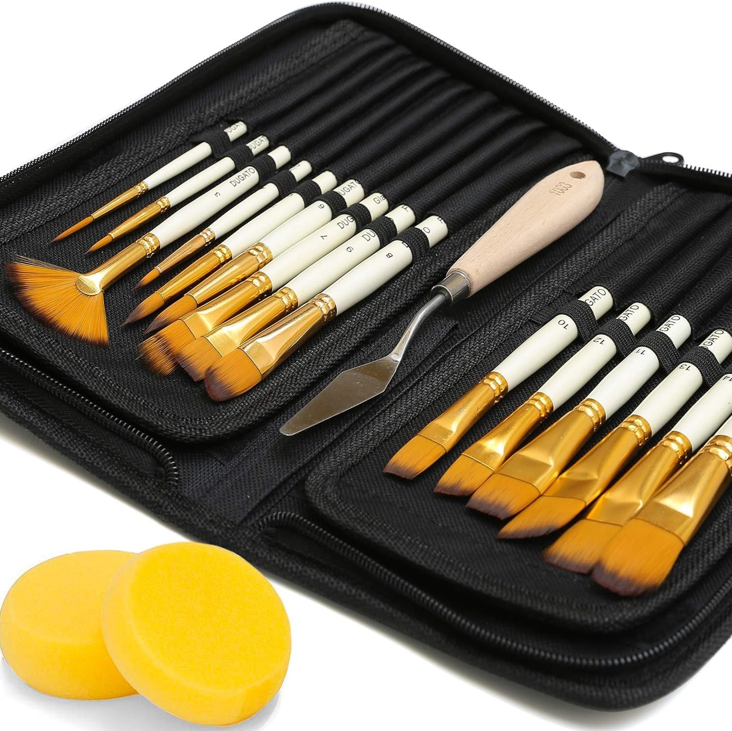 DUGATO 15pc Artist Paint Brush Set with Pop-Up Case, Palette Knife & Sponges - Nylon Hair for Acrylic, Oil, Watercolor, Gouache, Model & Craft Painting