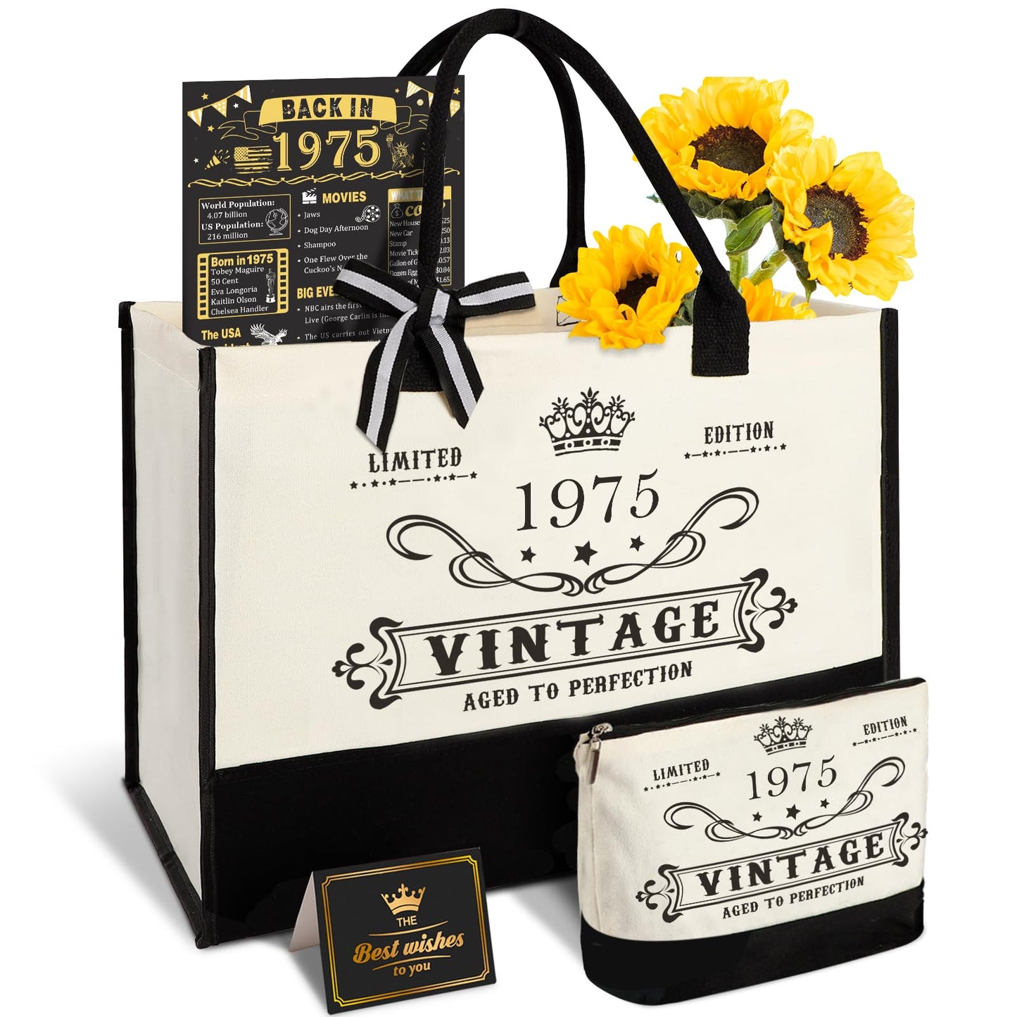 50th Birthday Gifts for Women Canvas Tote Bag Travel Gear, Unique 50 Years Old Gifts for Wife Sister Mom Aunt Friends Her, Vintage 1975 Handbag & Cosmetic Bag & Back in 1975 Poster