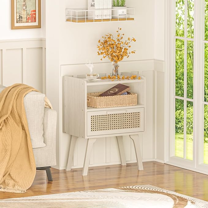 Lerliuo Rattan Nightstand, Side Table with Drawer Open Shelf, Cane Accent Bedside End Table with Solid Wood Legs, Mid Century Modern Night Stand for Bedroom, Dorm and Small Spaces (Grey White)