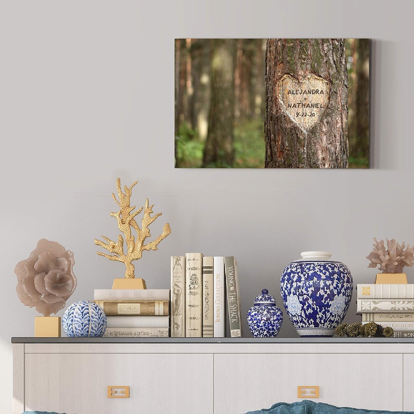Renditions Gallery Pine Tree Heart Personalized with Couple Names & Special Date Canvas Print, Romantic Anniversary, Wedding Gift Idea, Custom Wall Art, Brides & Grooms, 12x18 Inches