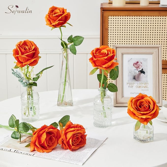 Serwalin 20pcs 4'' Big Orange Artificial Roses, Large Flower Head Silk Rose Velvet Real Touch, Fake Roses Long Stems Realistic Bouquet for Wedding, Table Centerpiece Home Decor