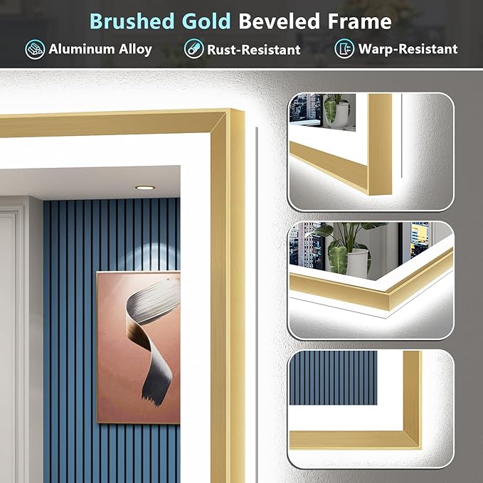 66x40 Gold Beveled LED Bathroom Mirror with Lights, Brushed Gold Framed Backlit and Front Lit Anti-Fog Lighted Vanity Mirrors for Bathroom Wall, Dimmable, 3 Colors, Memory, HD Tempered Glass