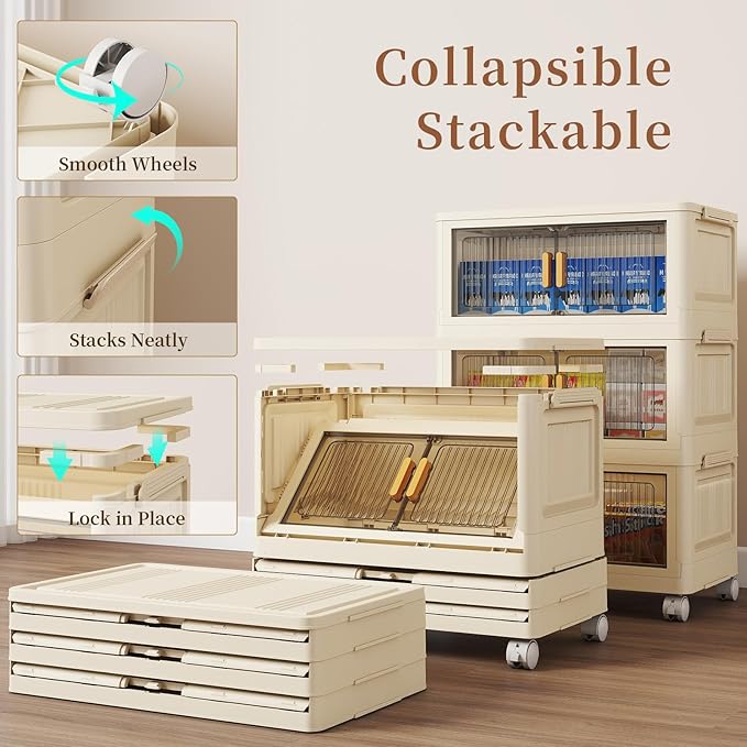 3 Tier Stackable Plastic Storage Bins with Lids 58QT, Collapsible Closet Organizers and Storage with Wheels for Living Room,Office,Dorm